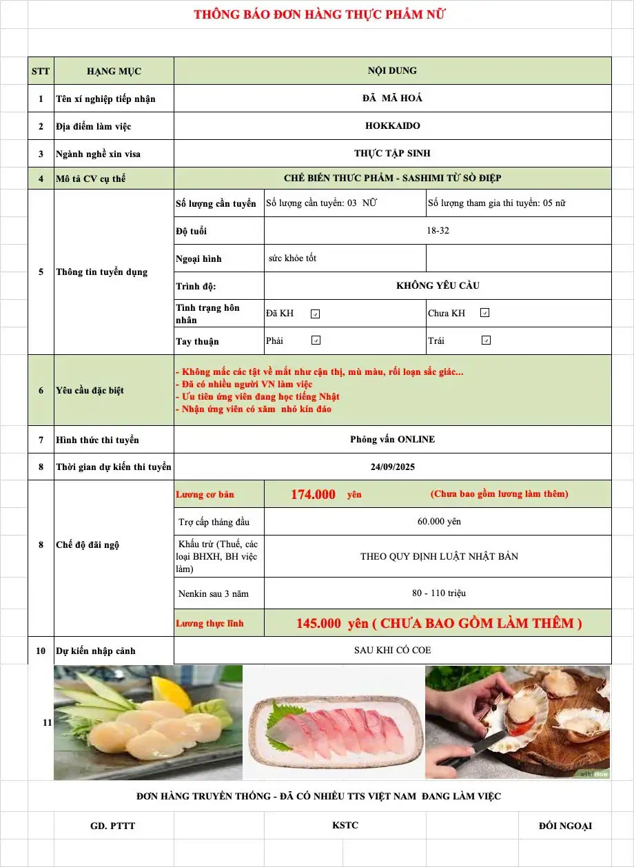 Tuyển Dụng 8 Nam Chế Biến Thực Phẩm Sashimi Từ Sò Điệp